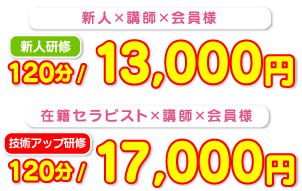 新人研修120分13,000円　技術アップ研修120分17,000円